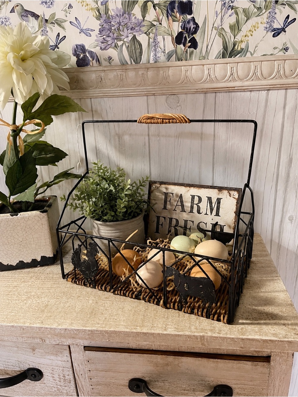 Black Wire & Brown Wicker Farmhouse Egg Basket with Handle